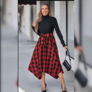 Black Mockneck Top Plaid Handkerchief Hem Skirt Midi Dress